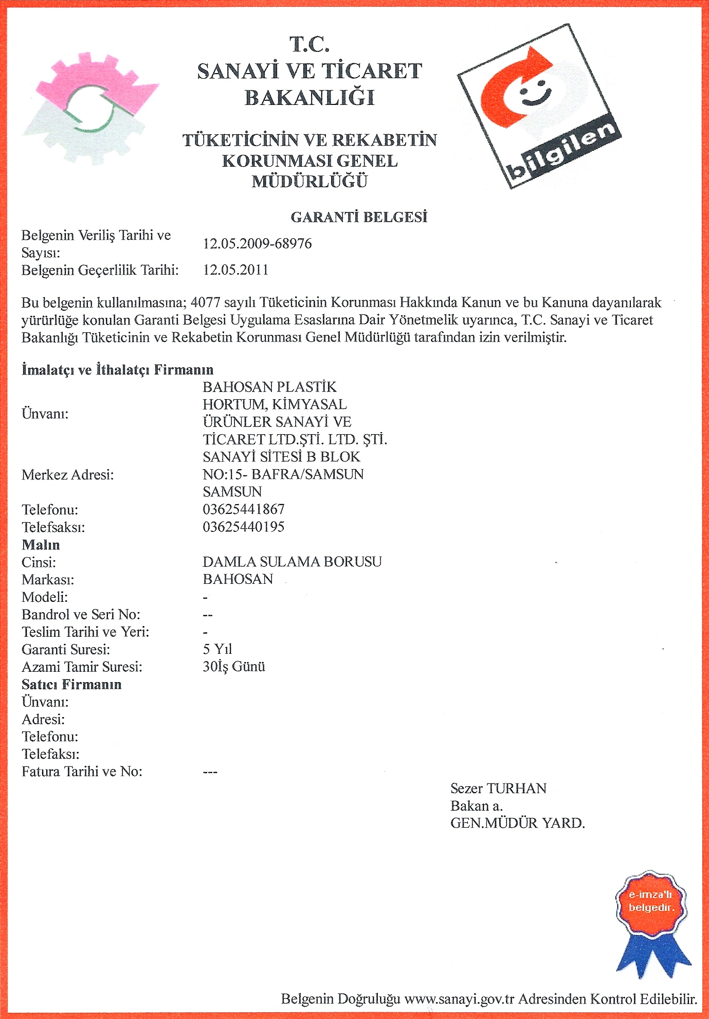 T.C Sanayi ve Ticaret Bakanlığı Garanti Belgesi